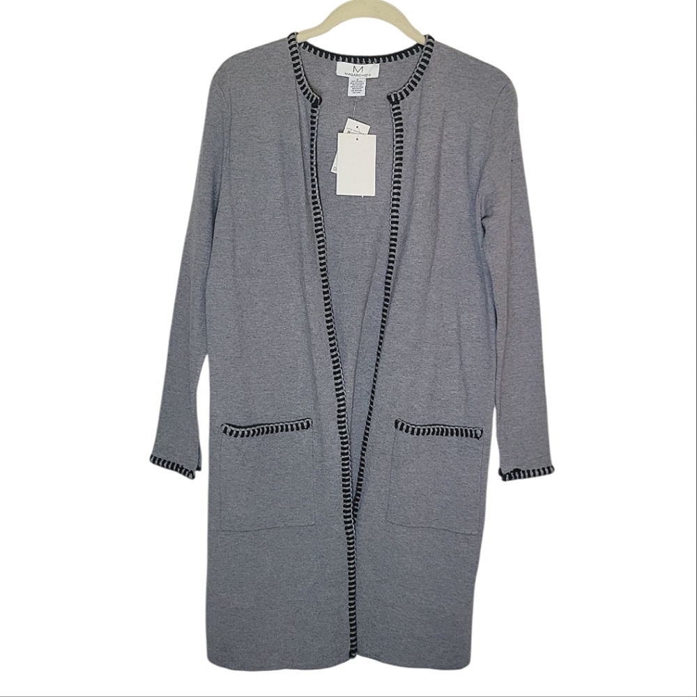 NWT Magaschoni Longline Cardigan Sweater Gray Contrast Stitch Open Front SM